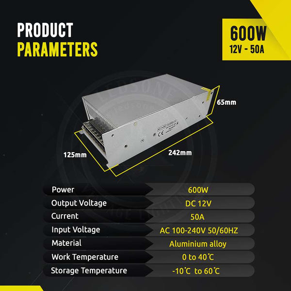 LED Transformer DC 12V Switching Power Supply Enclosed Metal Case ~1406 – 600W