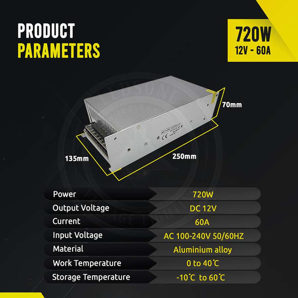 LED Transformer DC 12V Switching Power Supply Enclosed Metal Case ~1406 – 720W