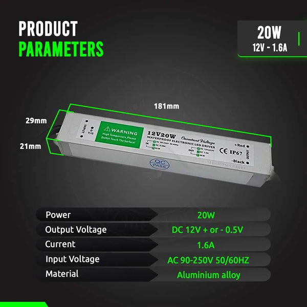 IP67 DC 12V Waterproof LED Driver LED Power Supply Ledsone Transformer ~ 4490 – 20W
