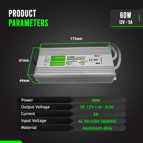 IP67 DC 12V Waterproof LED Driver LED Power Supply Ledsone Transformer ~ 4490 – 60W Single outlet