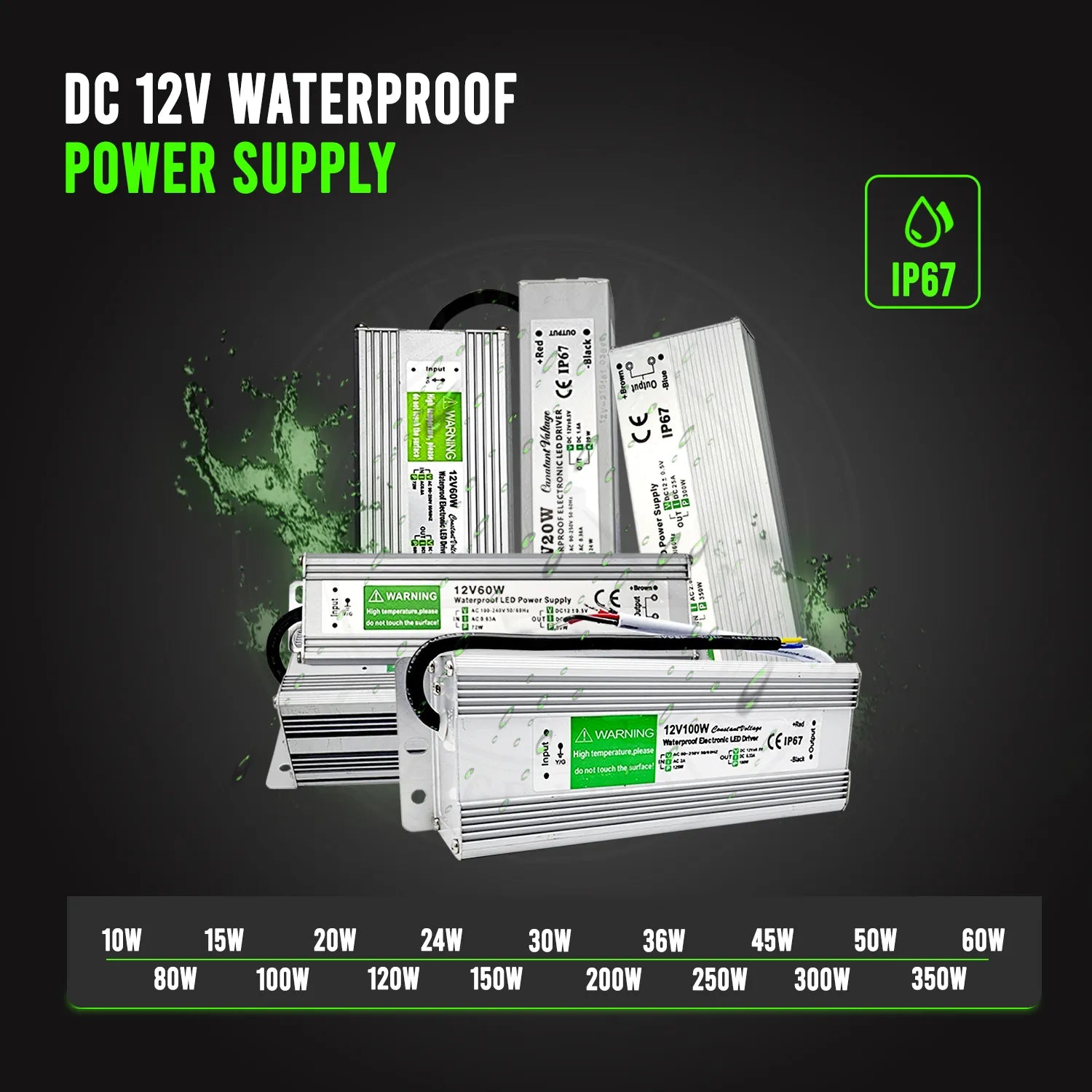 IP67 350W Waterproof AC 90-250V Flicker-Free LED Power Supply Driver  Transformer~4461