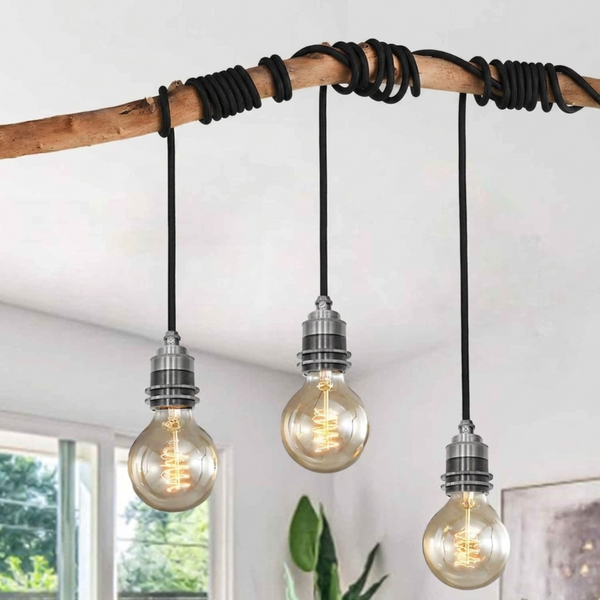 Vintage Plug-In Pendant Kit E27 Dimmable Fabric Cord ~2177 – Black / 4.5m / Satin Nickel