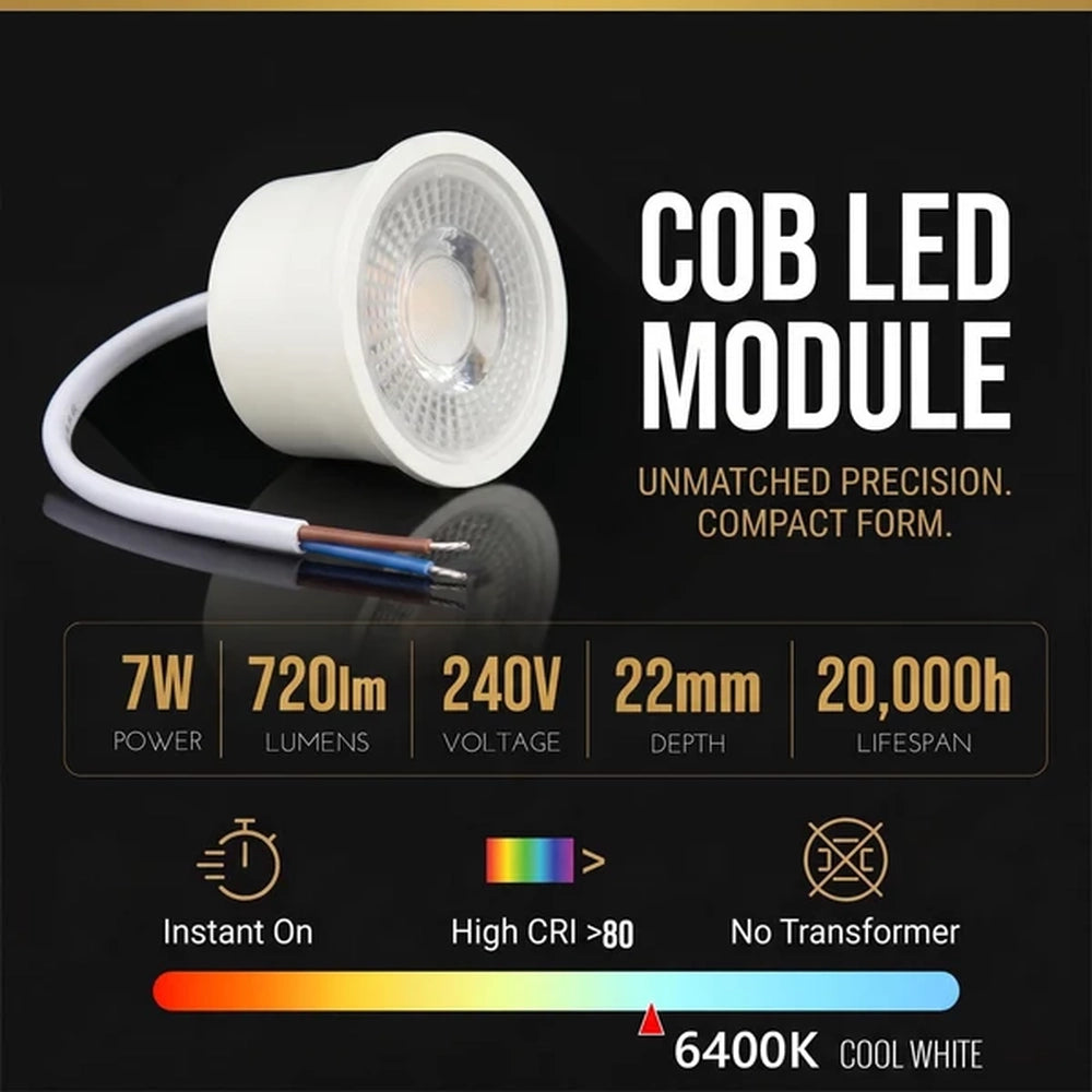 7W COB LED module specs: 720lm, 240V, 22mm depth, 20,000 hours
