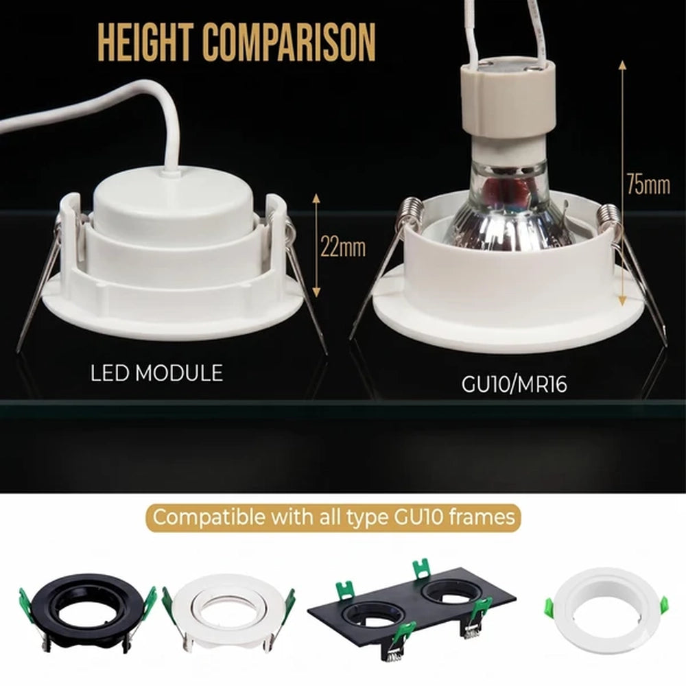 height comparison of 7W LED module and GU10 bulb in frames