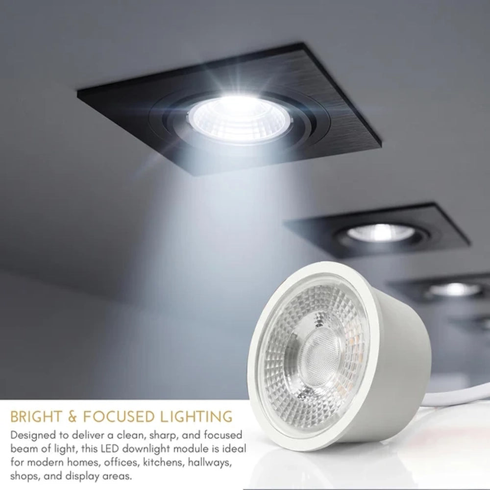 7W LED module shining cool white light in a black square downlight