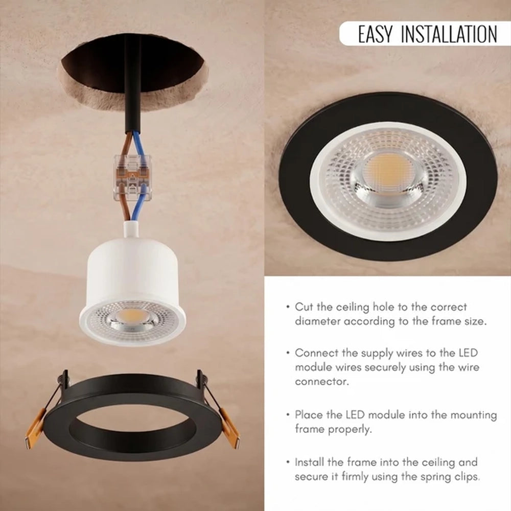 7W LED module installation steps into a black ceiling frame