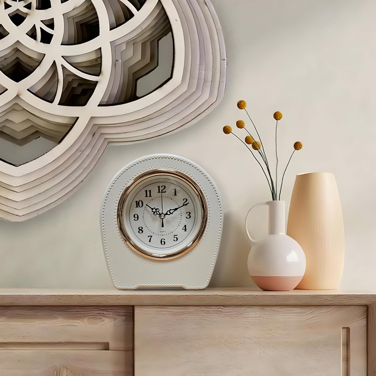 White Mantel Leather Living Room Table Clock