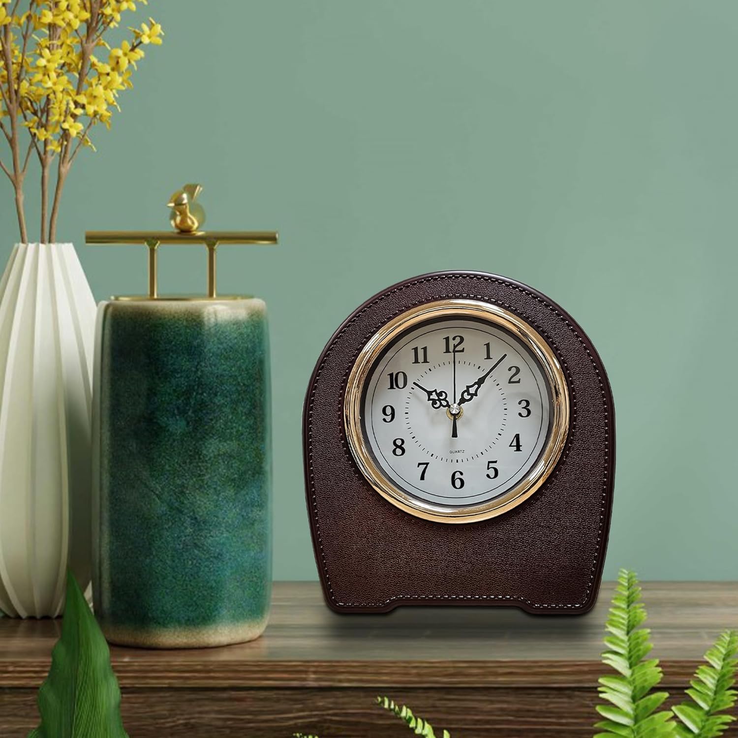 Brown Leather Mantel Clocks Battery Operated