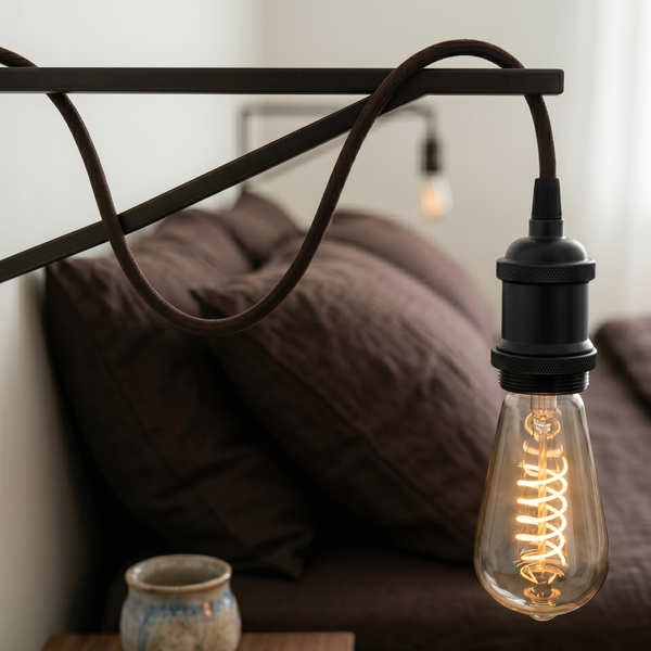 Vintage Industrial Plug-In Pendant Light 4m Fabric Cord E27 ~1497 – Brown / Yes
