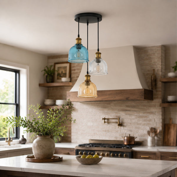Vintage 3-head multi pendant with ribbed glass shades