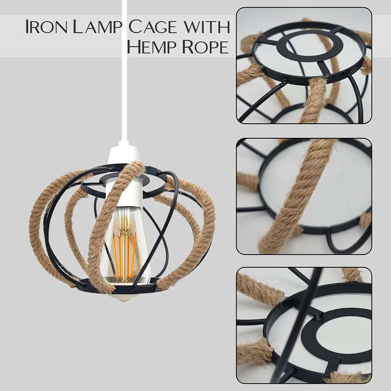 Vintage Black Farmhouse Country Hemp Rope Ball Metal Lampshade With Reducer Ring-App 5