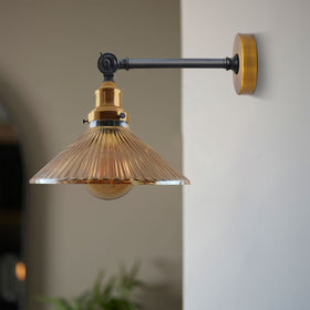 Industrial Ribbed Amber Glass Wall Light Adjustable Brass E27 Fitting~2118