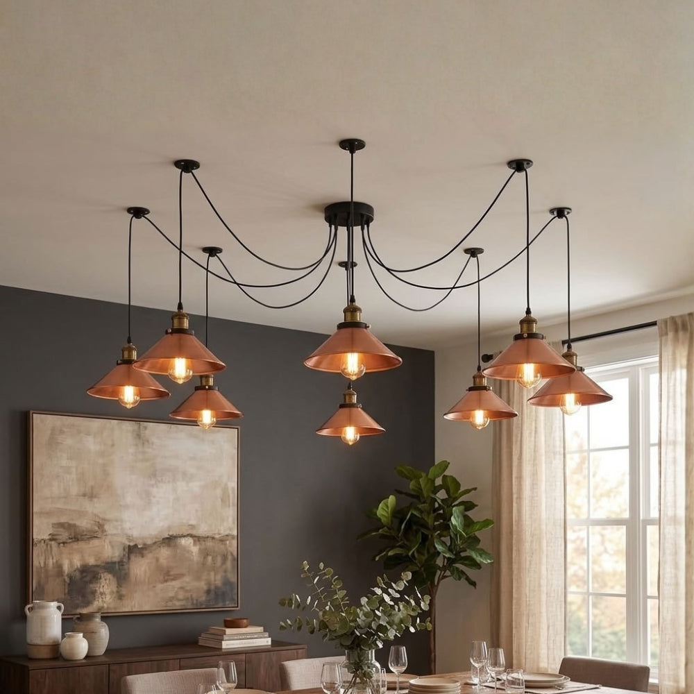 8 Light Multi-Arm  E27 Brushed Copper Industrial Spider Pendant Light - With Bulb