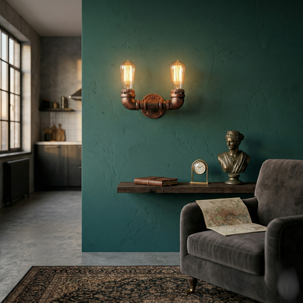 Industrial Steampunk Water Pipe Wall Light –  E27  Vintage Retro Loft Sconce~2133 – Rustic Red / Yes