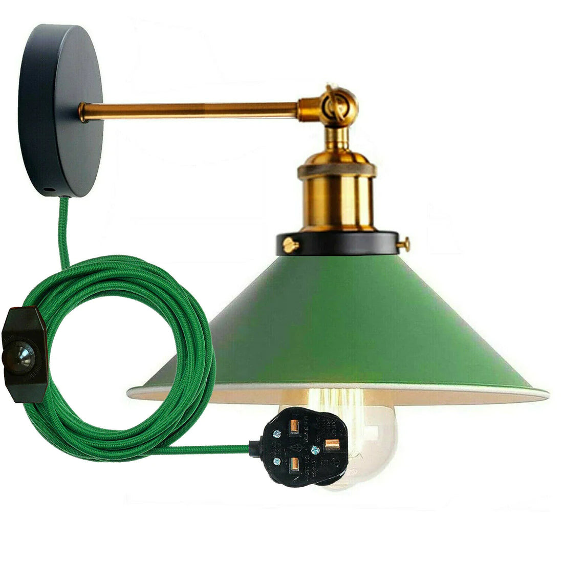 green plug in wall light dimmer switch fabric braided wall sconce