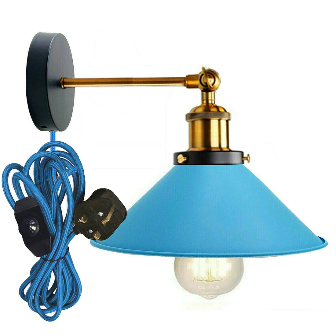 Blue plug in wall light with fabric braided dimmer switch wall sconce light