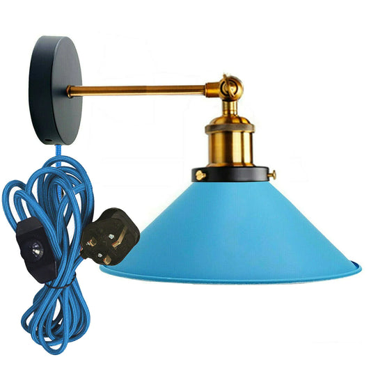 Blue plug in wall light with fabric braided wall sconce light