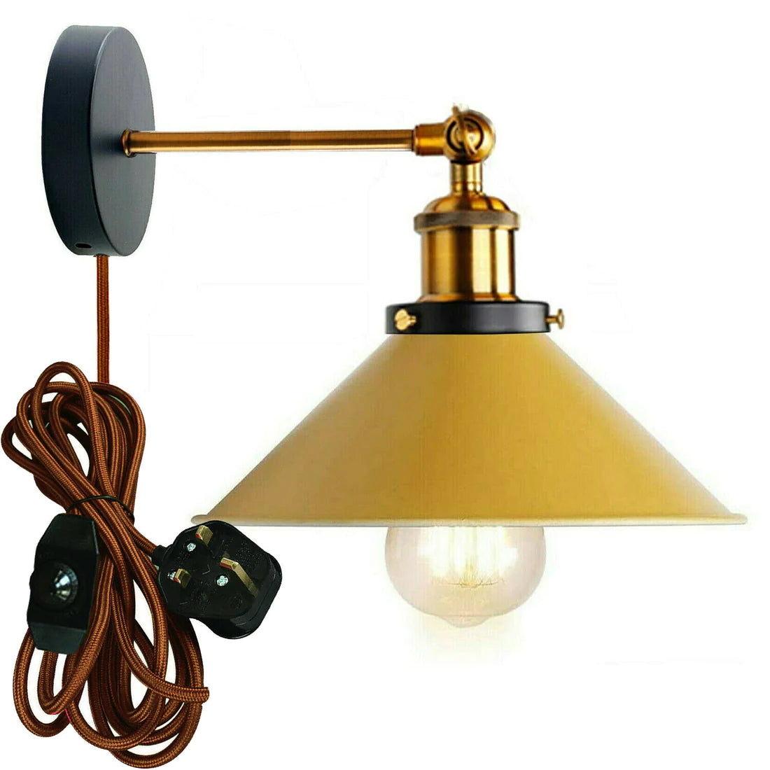 yellow plug in wall light with bulb fabric braided