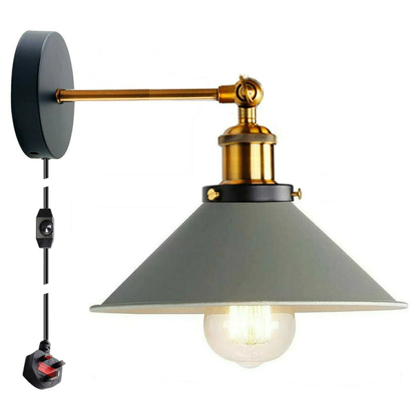 Vintage Industrial Wall Sconce Adjustable Arm, Cone Shade E27 Lamp ~5296 – Grey / Yes