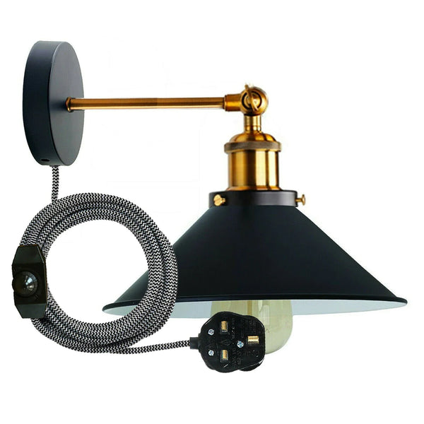 Vintage Industrial Wall Sconce Adjustable Arm, Cone Shade E27 Lamp ~5296 – Black / Yes
