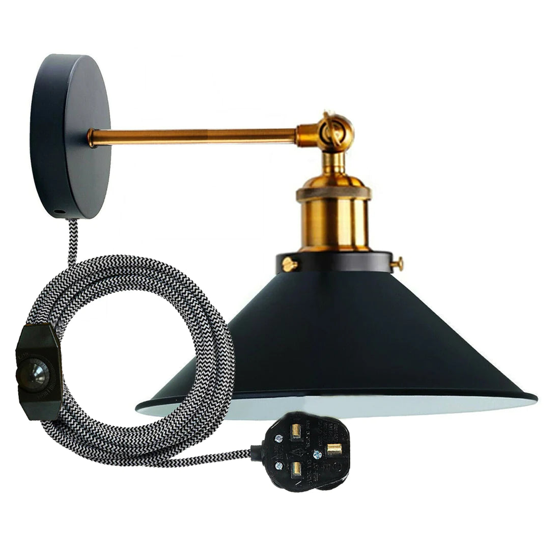 black plug in wall light with fabric braided dimmer switch 