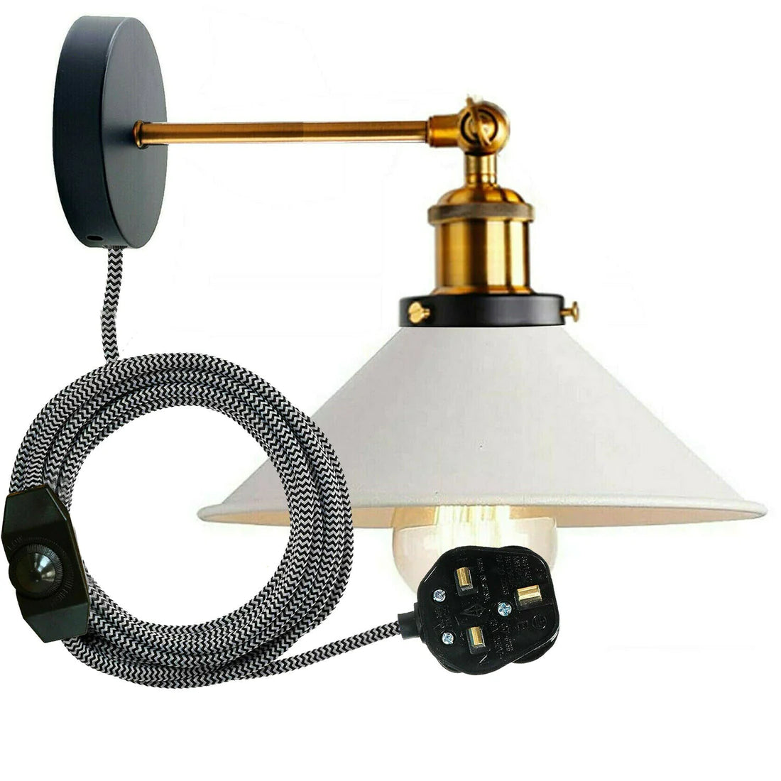 white plug in wall light with bulb fabric braided cable