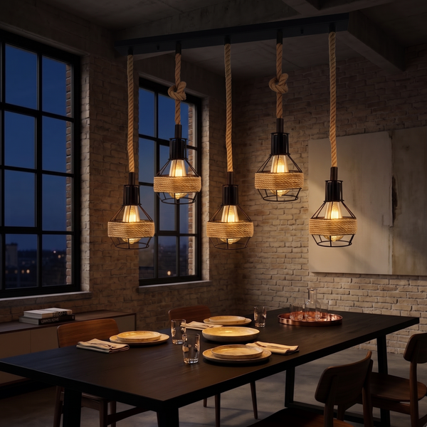 Industrial Hemp Rope Pendant Light - Black Cage  E27 Ceiling Chandelier | Adjustable Height ~6203 – Rectangle 5 + Bulbs