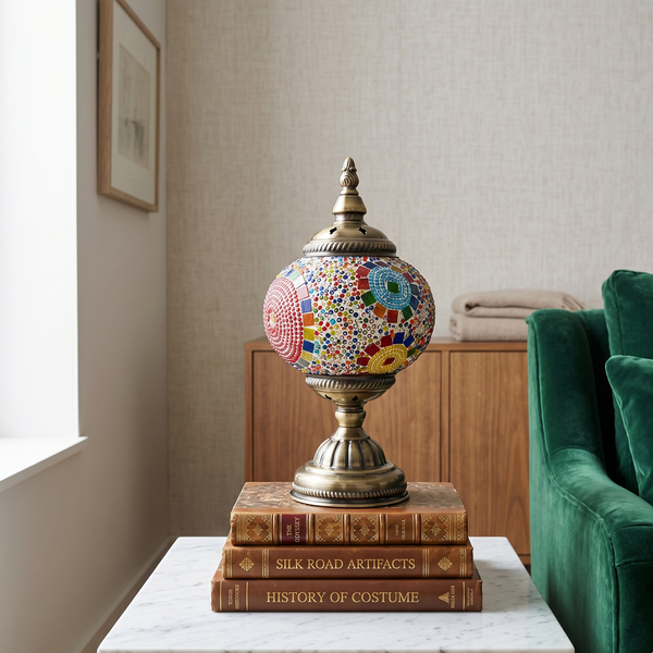 Hand-Cut Turkish Mosaic Glass Table Lamp – UK Plug – Antique Brass Base (E27)~4968 – No