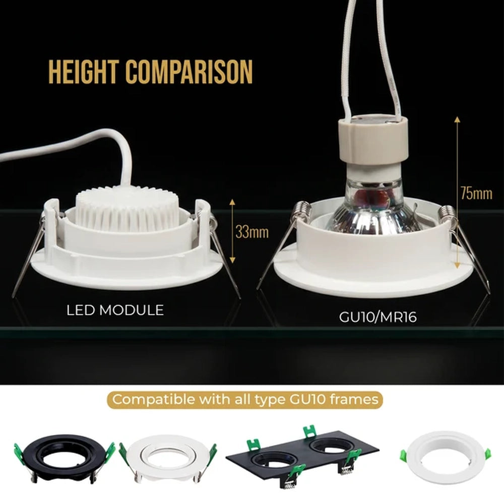 height comparison of LED module and GU10 bulb in downlight frames