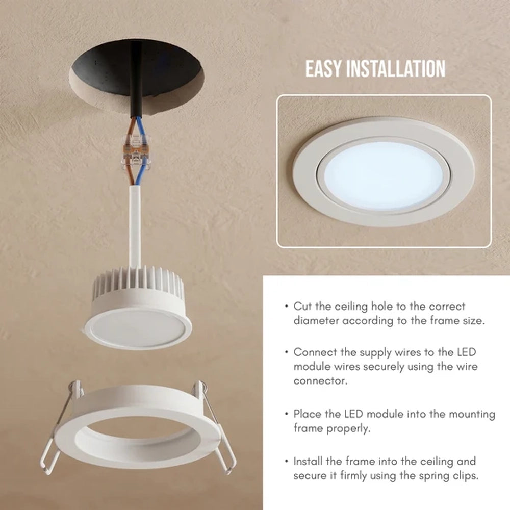 LED module installation steps for a ceiling downlight frame