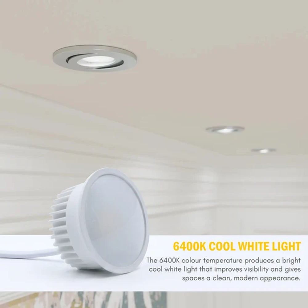 6400K cool white LED module with a ceiling downlight above