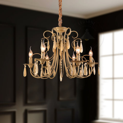 Traditional Brushed Gold 6 Arms Crystal Chandelier Ceiling Light Candle Lamp ~ 4617