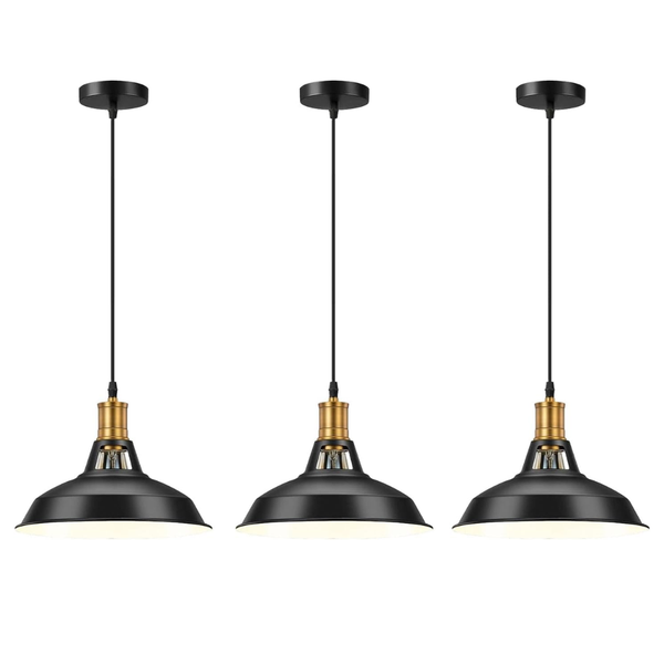 3-Pack Retro Industrial Style Metal Pendant Ceiling Lights ~6268 – Without Bulb / Black Interior White