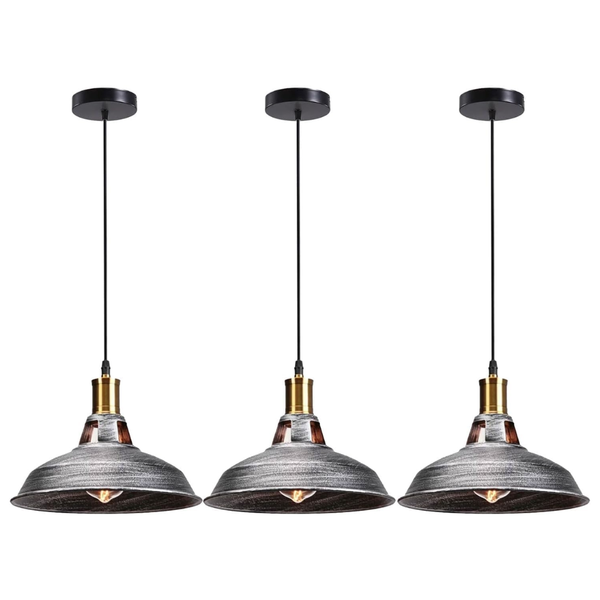 3-Pack Retro Industrial Style Metal Pendant Ceiling Lights ~6268 – Without Bulb / Brushed Silver