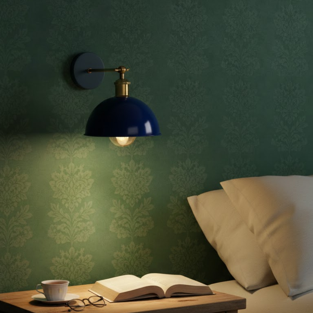 Navy blue industrial wall sconce front view Bed Side