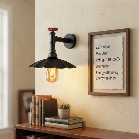 Vintage Industrial Pipe Wall Sconce with Umbrella Shade ~1250