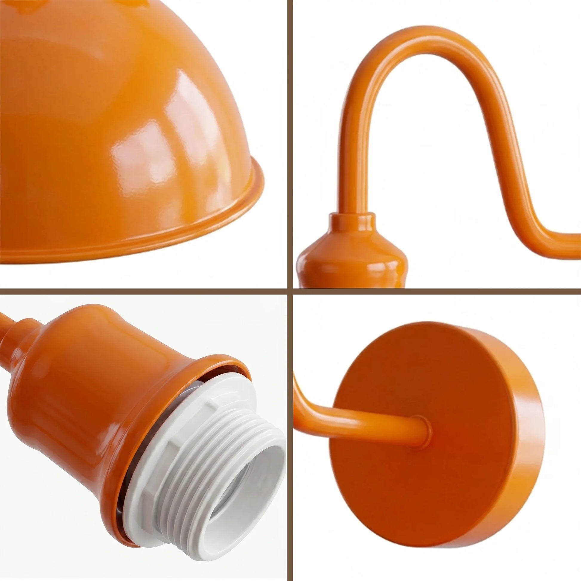 A four-panel close-up collage of an orange metal lamp fixture, showing the dome-shaped shade, curved arm, wall socket connection, and round wall mount plate on a white background.