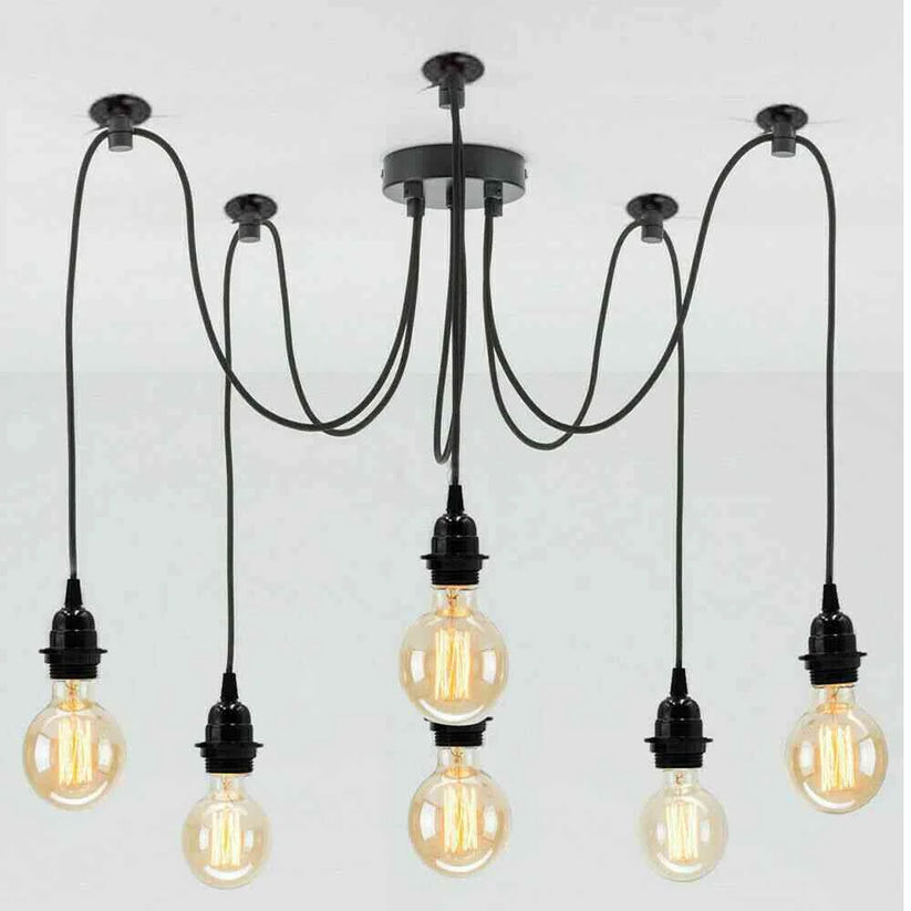 Industrial black six-way spider pendant ceiling fixture
