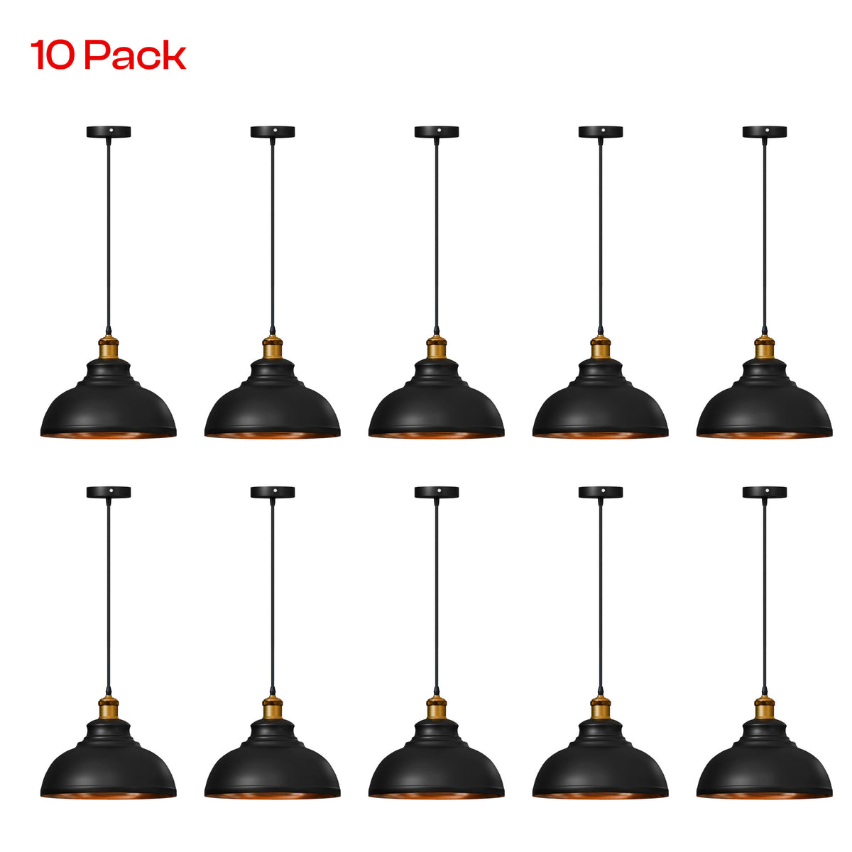 Ten-pack of black metal pendant lights with gold accents and warm copper-toned shades, shown on a white background with red '10 Pack' text in the top left.