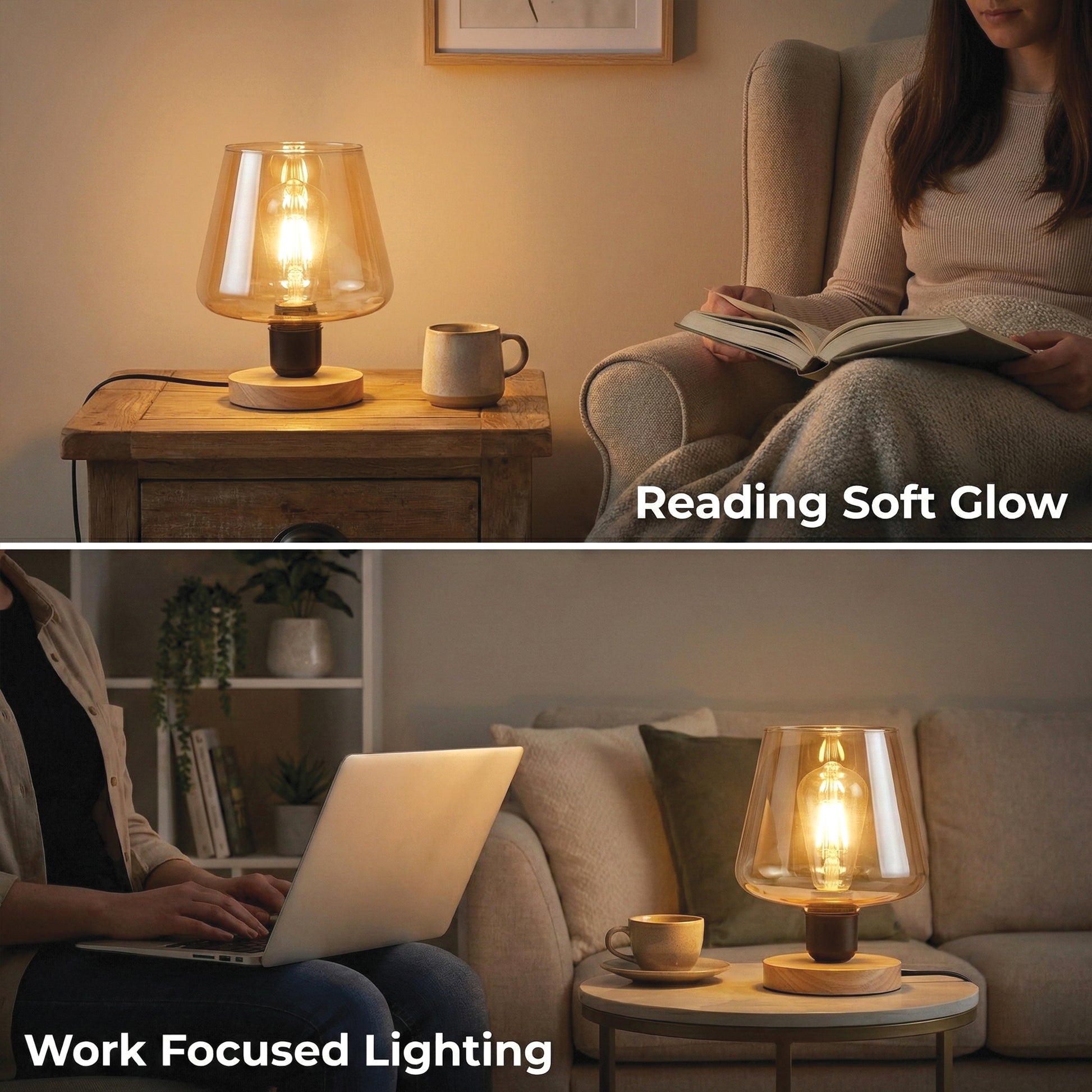 Two scenes showing a table lamp with different lighting effects: 'Reading Soft Glow' and 'Work Focused Lighting'.