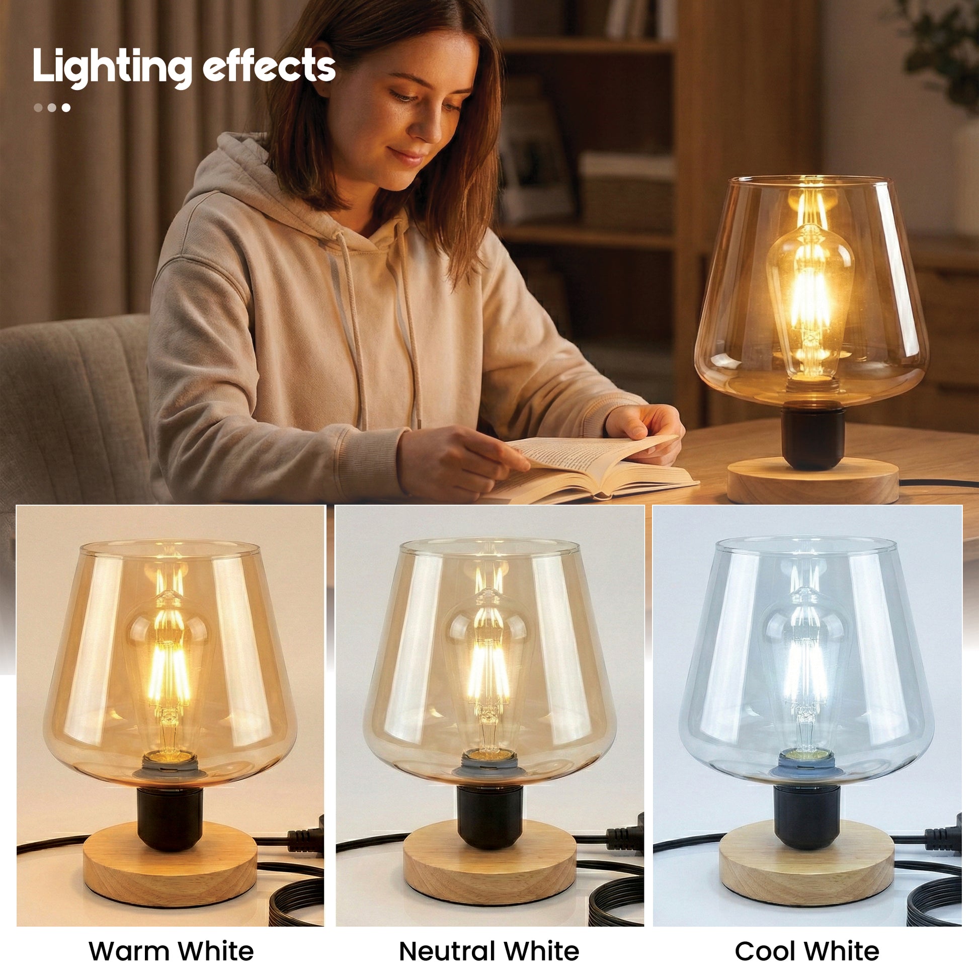 Woman reading a book with a table lamp emitting different colored lights.