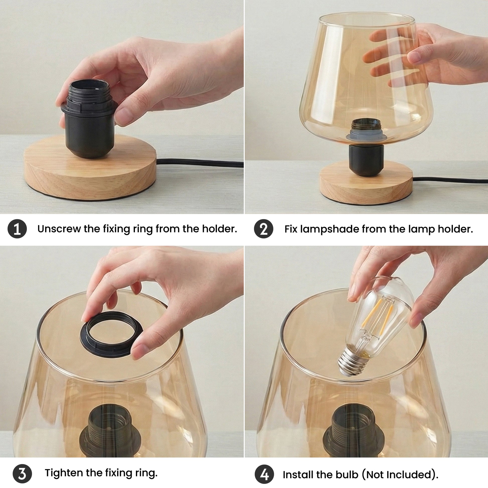 Step-by-step guide on how to assemble a table lamp with a wooden base and glass shade.