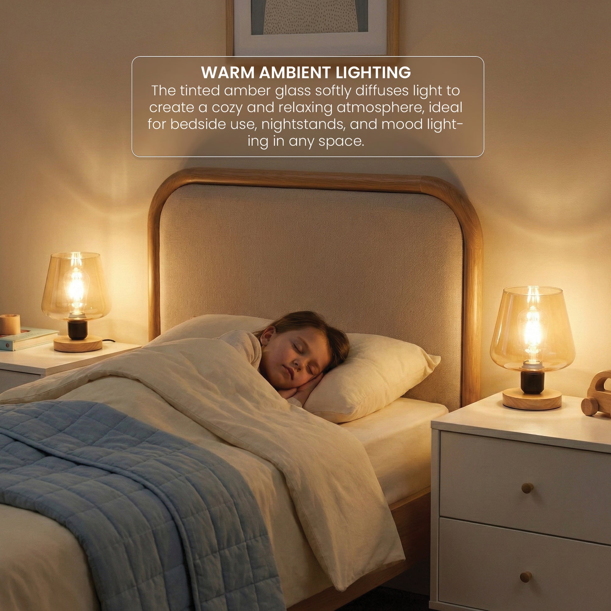 Person sleeping in a bedroom with warm ambient lighting from lamps on nightstands.
