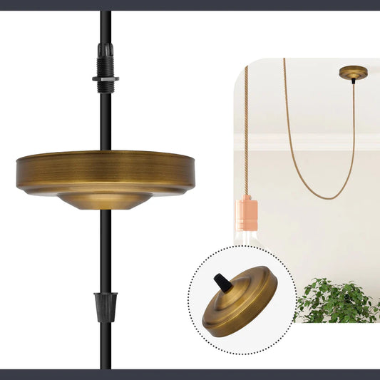 Brass ceiling rose base with black cord grips, inset beside a hanging pendant light installation in a room.