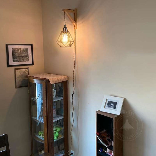 plug in cord Wood hemp rope wall lamp with diamond shade-App 1