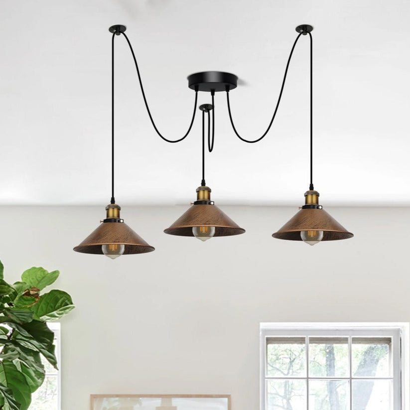 Three-way brushed copper spider pendant lamp