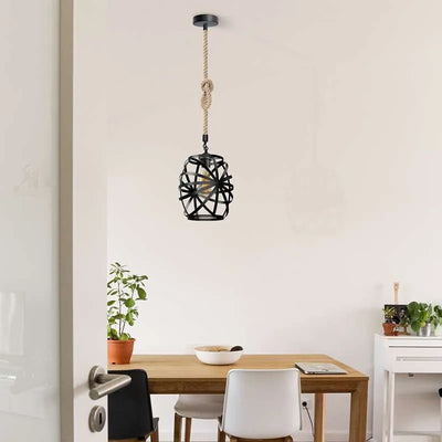 Metal Cage Hemp Rope Black Pendant Light
