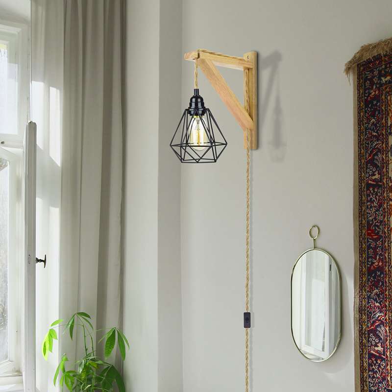 plug in cord Wood hemp rope wall lamp with diamond shade-App 3