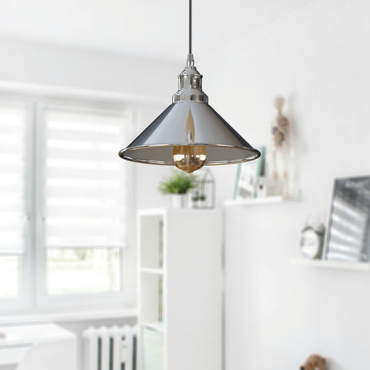 Industrial Vintage single ceiling Pendant Lighting Metal cone Chrome Lampshade E27 UK Holder~3817
