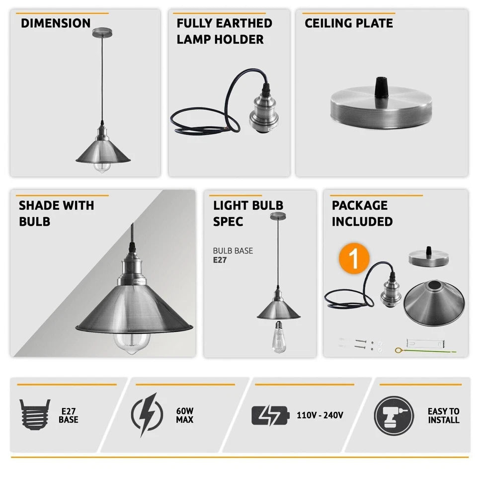 Vintage Pendant Ceiling Lighting Fixture with Metal cone Lampshade E27 Hanging Lights Ceiling Lamps for Kitchen Hallway Lantern Dining Room Bedroom restaurant